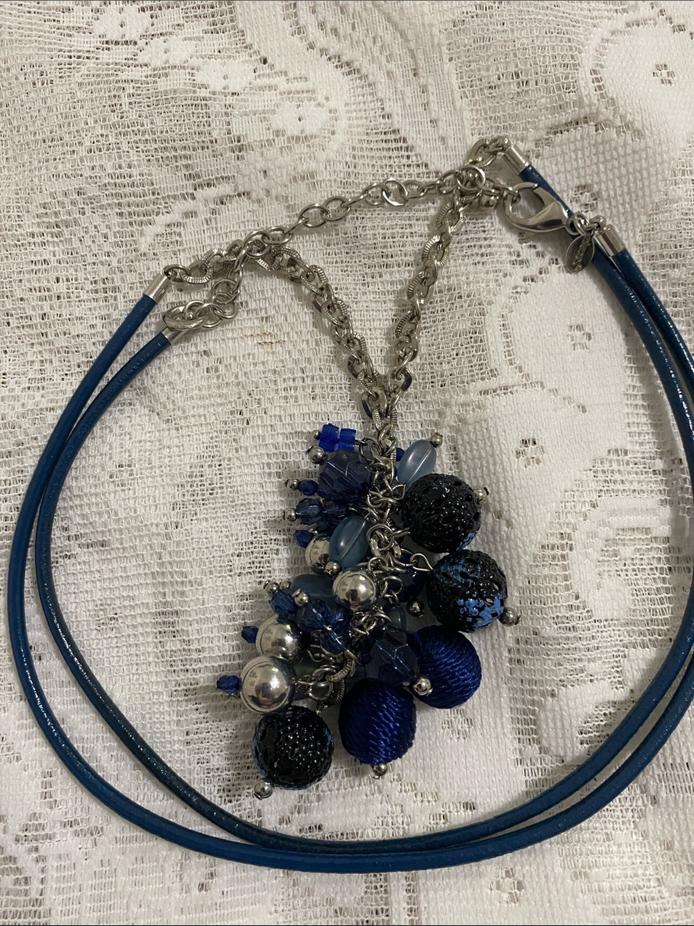 Chico’s Long Blue and Silver Tone Cluster Necklace